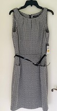 Chaps Black and White Geometric Pattern Sleeveless Dress Pockets Belt NWT Sz 14