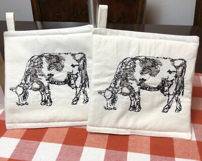 Pot Holder Hot Pad Embroidered Cow Farm Animals Heat Insulated Flour Sack  7''x7''