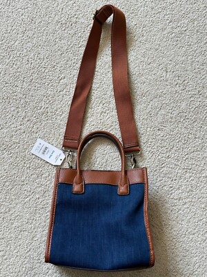New Women's Time and Tru Blue Denim Mini Box Tote Bag with Brown Crossbody Strap