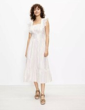 LOFT Shimmer Stripe Ruffle Cutout Back Midi Dress - White Pink Gold - Size 4