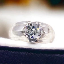 Moissanite Oval Cut Gemstone With 925 Sterling Silver Ring For Men's #A415