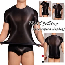 Men Satin 2 Piece Short Jumpsuit Romper Breathable Bodysuit TEE & Pouch Shorts