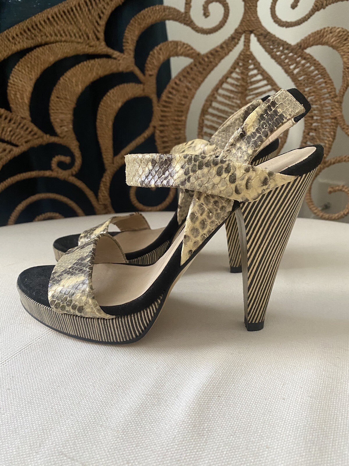 MINELLI PARIS Python Snakeskin Striped Heel Suede… - image 2