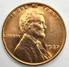 1937 P Lincoln Wheat Cent Die Crack Lamination Planchet Flaw REV Error BU Penny