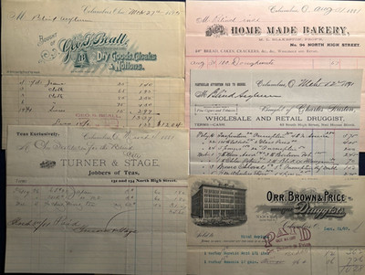 1890 COLUMBUS OHIO BAKERY SHOES DRY GOODS DRUG STORE BILLHEAD ADVERTISING LOT