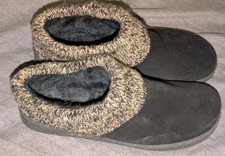 Clarks Womens 9 M Black Suede Leather Faux Fur Slip On Clog Slippers Knit Trim