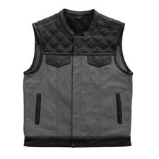 Men Black Premium Leather Gray Hunt Club Motorcycle Vest - Gun Pocket Biker Vest