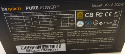 BeQuiet PURE POWER BQ L8-500W 20+4Pin 80PLUS BRONZE Power Supply 500W #NT4984