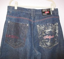 Vtg South Pole Baggy Jean Shorts 38 Jorts Y2K Studs Red Tab Logo Grunge Skate