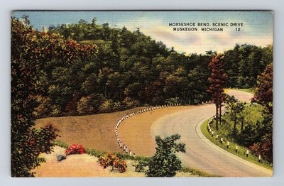 Muskegon MI-Michigan, Horseshoe Bend, Scenic Drive, Vintage c1939 Postcard