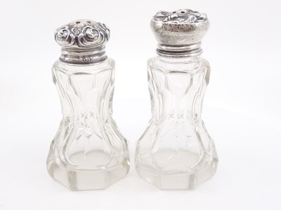 Antique Cut Glass Salt & Pepper Shakers with Sterling Silver Repousse Tops 1900
