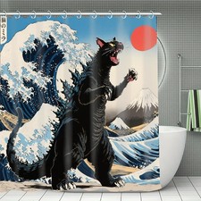 CALMDR Funny Cat Shower Curtain Sets, Japanese Dinosaur Art Japan Anime Sunse...