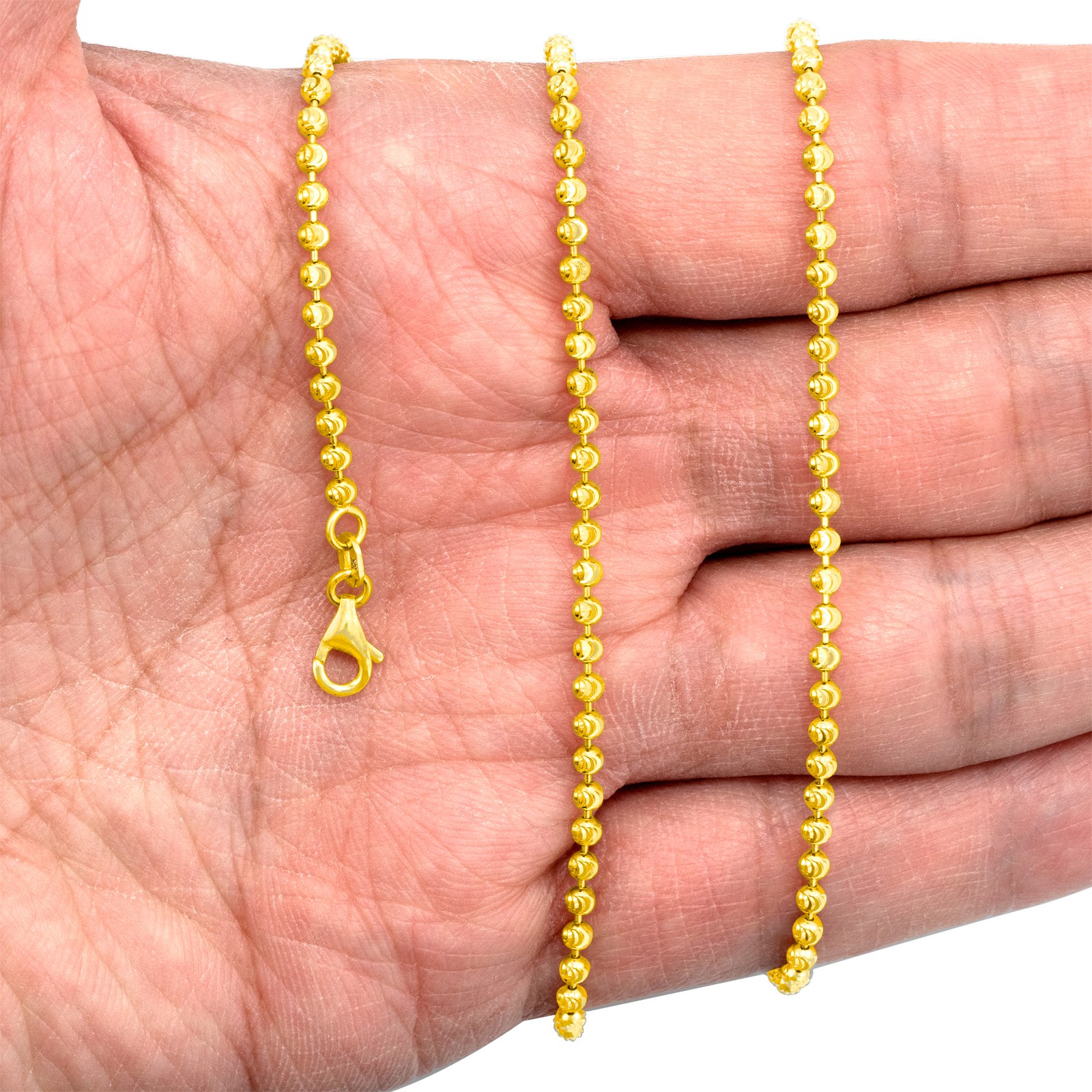 Womens 10K Yellow Gold Solid 2.5mm Diamond Moon Cut Bead Ball Chain Necklace 16"
