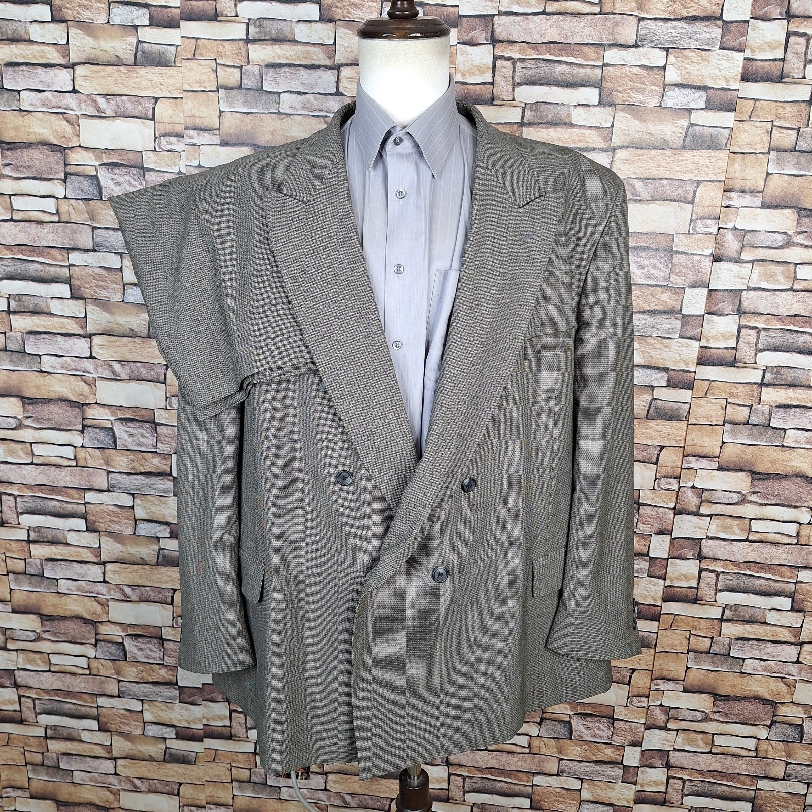 Oleg Cassini 2 Piece Suit Mens 56R 48X29 Double Breasted Gray Check Wool Flaw