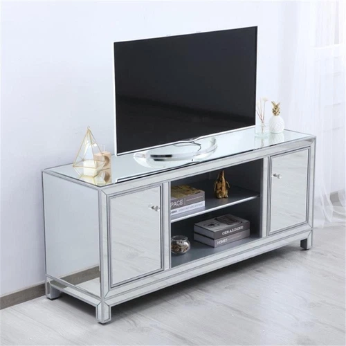 Elegant Decor Modern 60" Mirrored TV Stand in Distressed Antique Silver - Picture 6 of 10