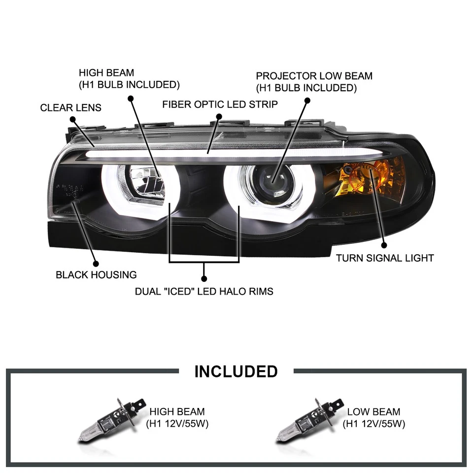 Black Fits 1995-2001 BMW E38 7-Series 740i 740iL LED Halo Projector Headlights Foto 3 de 4