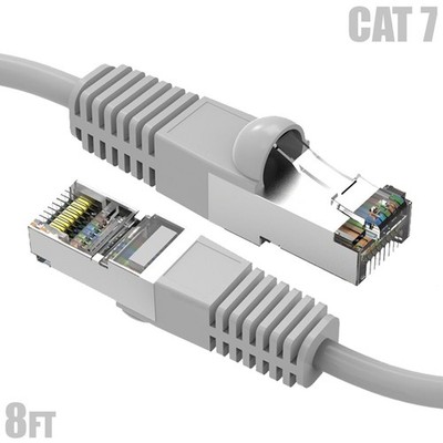 8FT Cat7 RJ45 Network LAN Ethernet SSTP Patch Cable Shielded Copper 600MHz Gray