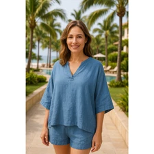 KYLA SEO 100% Linen Popover Top Blouse Blue Size Large L HANDMADE BOXY LAGENLOOK