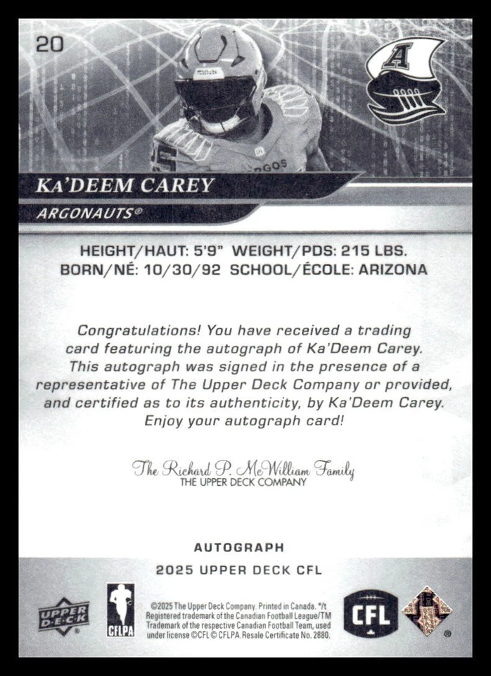 2025 Upper Deck UD CFL 底座签名 20 Ka’Deem Carey — 第 2/2 张图片