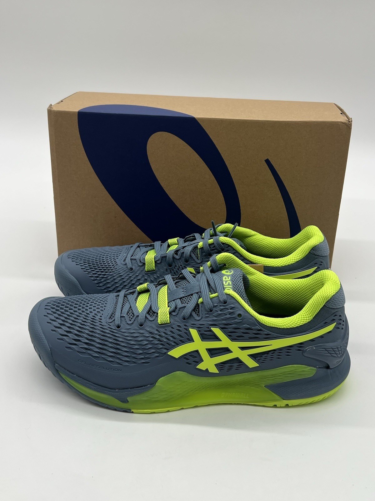 ASICS Gel-Resolution 9 Mens Size 7 Steel Blue Hazard Green Tennis Sneakers Shoes
