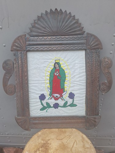 Large Vintage Tin Nicho Retablo Guadalupe Mexican Folk Art Knitted Cloth
