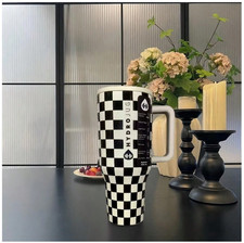 Hydrojug 32oz Black White Checkered Insulated Tumbler with Handle Travel Mug