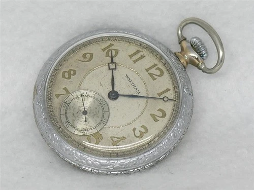ANTIQUE GENTS 12 SIZE WALTHAM 15 JEWEL CHROMIUM POCKET WATCH, RUNNING!!