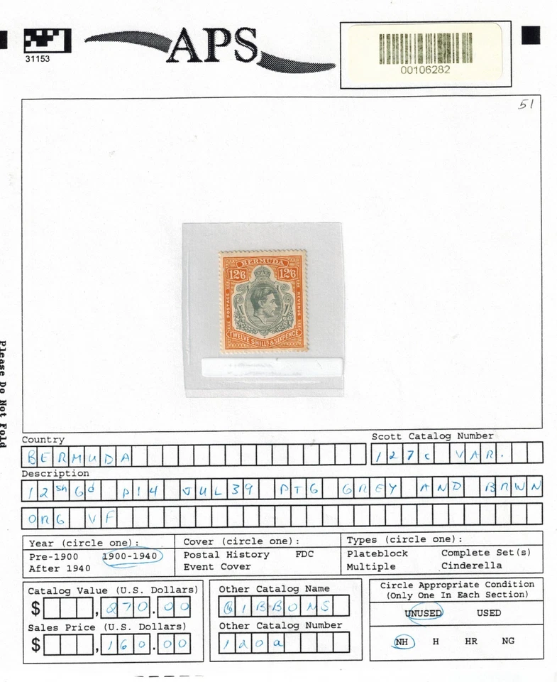 Bermuda 1939 KG VI SG 120a 12S 6d Grey & Brown on Orange P14 MNH GEM - Image 3 of 3