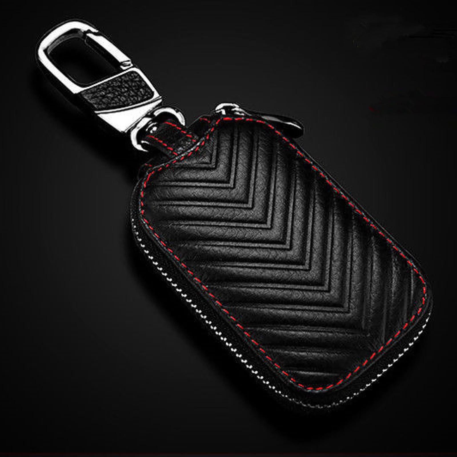 Black Car Key Chain Bag Genuine Leather Key Holder Cover Remote Fob Zipper Case
