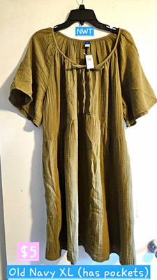 *Maternity Old Navy Women's XL Green Solid Midi Shift Dress Short Sleeve Pockets