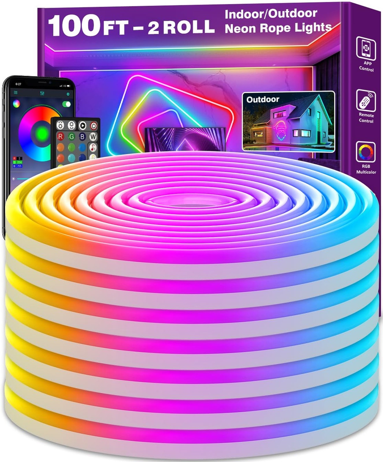 100Ft App-Controlled Neon Rope Lights with Remote, Flexible Multi-Color LED Lighting