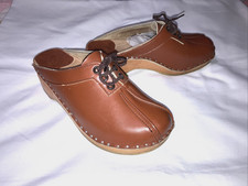 Troentorp Bastad Original Brown Lace Leather Wooden Clogs Made In Sweden Sz 36