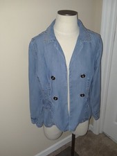 CHICO's Blue Chambray Tencel Linen Blend Open Front Jacket Size 1