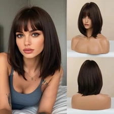 Cosplay Party Wigs With Bangs Short Straight Dark brown Heat Resistant Hair