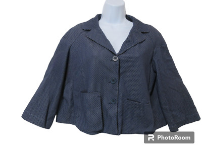 Sz S Lilith France Textured Crop Jacket Blazer 3/4 Sleeve Blue FUN POCKETS 38