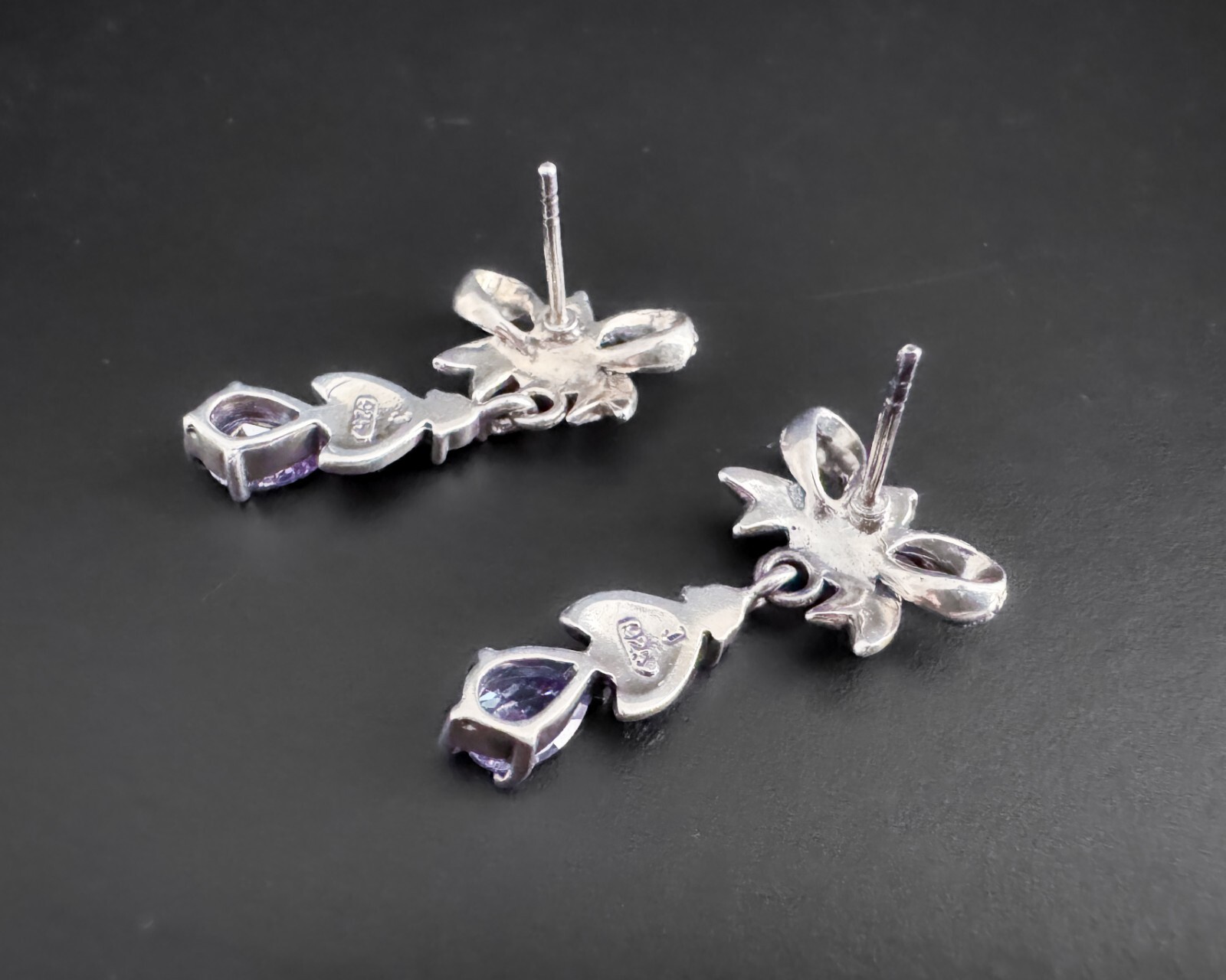 Genuine Sterling Silver Solid Amethyst Dangle Bow… - image 3