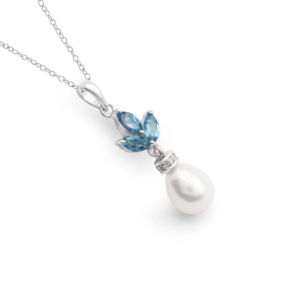 Natural Londres Topacio Azul Piedras Preciosas Perla Gota Colgante Cadena 925... - Imagen 3 de 3