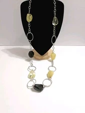 Lane Bryant Black & Yellow Faceted Acrylic Bead & Silver Tone Link Necklace 38"