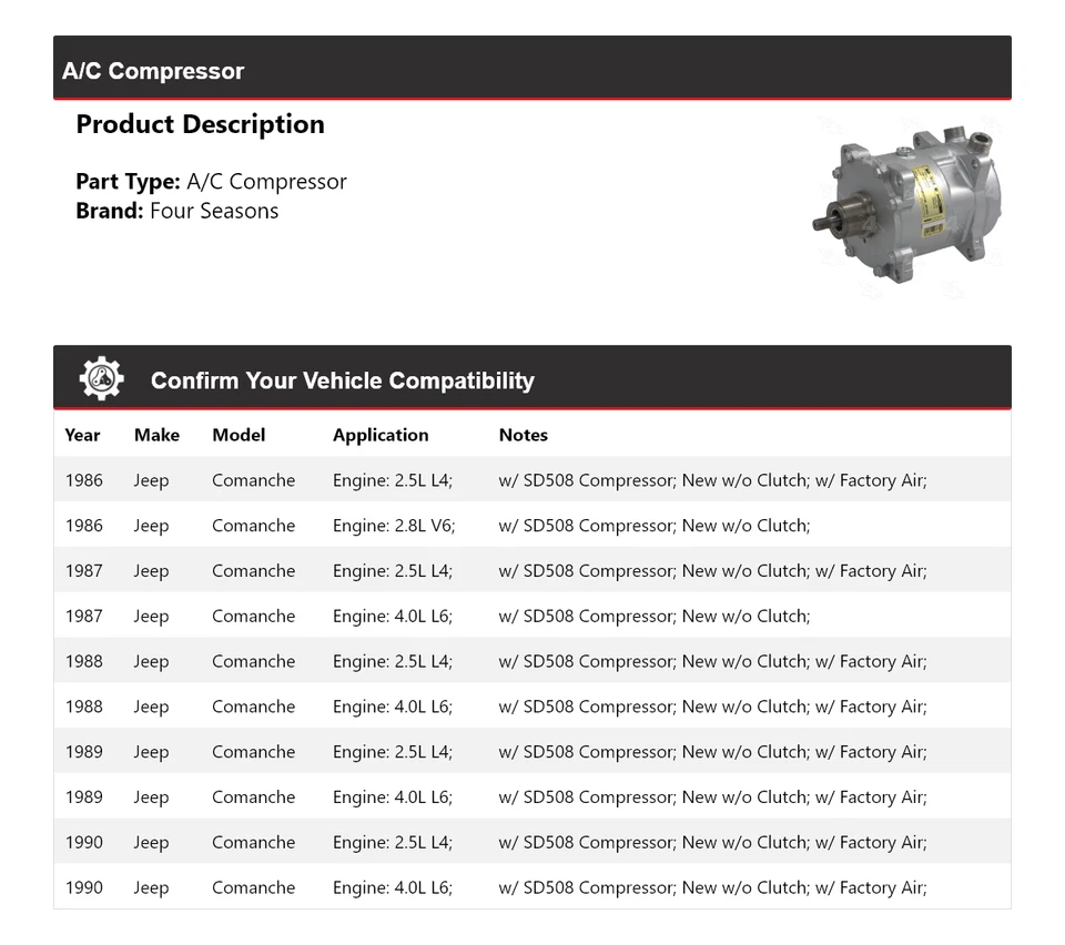 Compresor de aire acondicionado Jeep Comanche 1986-1990 4 estaciones 1987 1988 1989 Foto 2 de 4