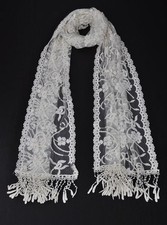 W34 Gentle Cotton Yarn Lady's Long Scarf Shawl Embroidery Flower Lace IVORY