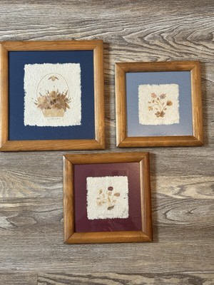 3 Paper Collage with dried Wildflowers signed Framed Hand made Paper Art
