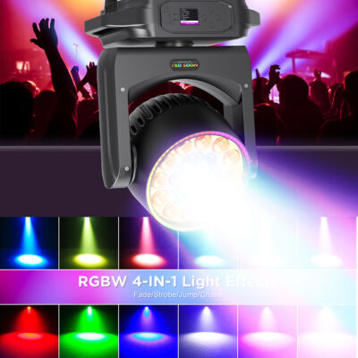 380W Moving Head Light w/Strip LED RGBW DJ Zoom Beam Stage Light Party Disco Bar