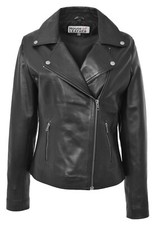 Womens Real Leather Biker Jacket Casual Plain Cross Zip Style Lola Black
