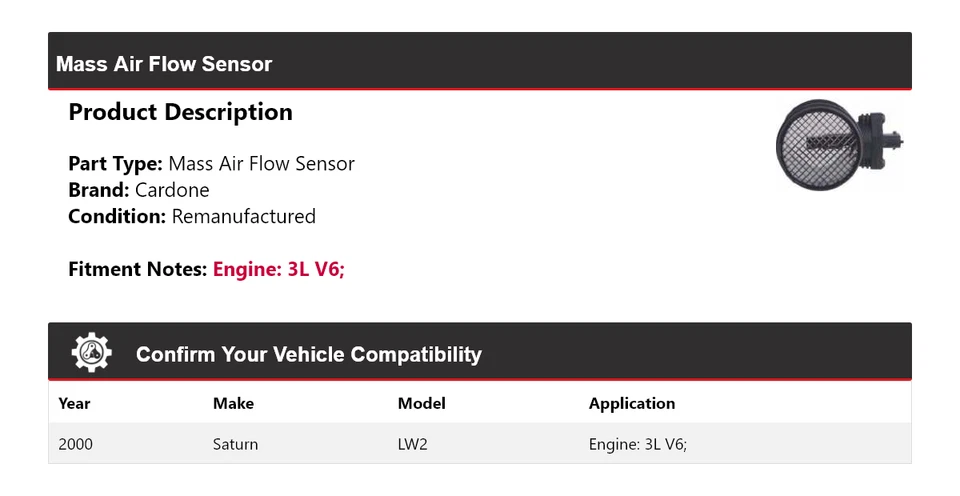 Sensor de flujo de aire de masa Cardone Saturn LW2 3L V6 2000 Foto 2 de 4