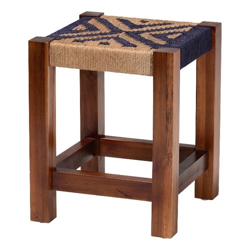 bali & pari Prunella 16.5" Seagrass & Acacia Wood Footstool in Blue and Brown