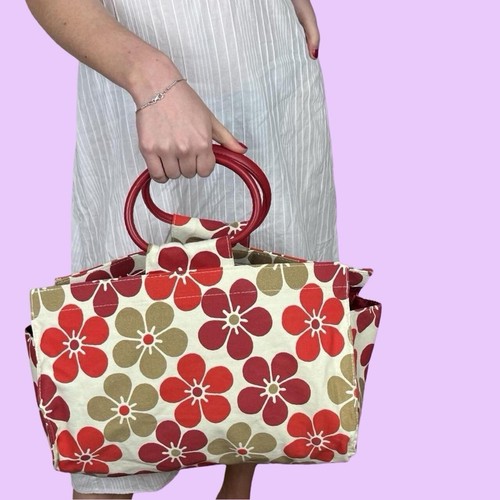 Y2K vintage red floral beach bag. Clarins.  