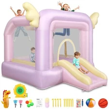 Pastel Bouncer Slide with Safety Net,Basketball Rim&Fun Toys Easy to Install🎯