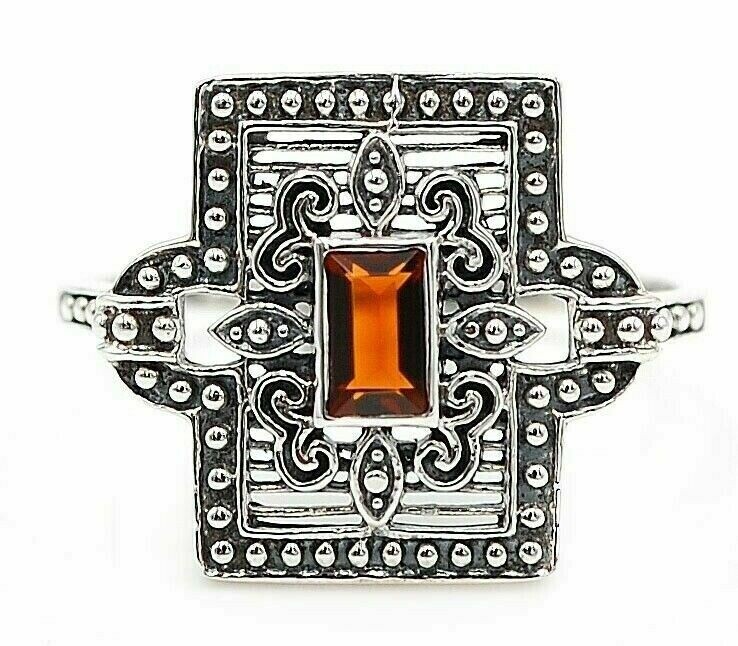1CT Natural Fire Garnet 925 Solid Sterling Silver Filigree Ring Sz 6