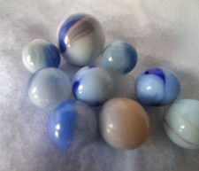 Lot of 9 Blue and White Swirl Glass Machine Made Toy Marbles
