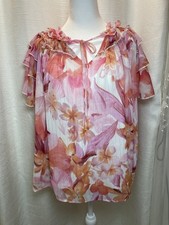 Entro Brand Large Sheer lined Ruffel Blouse tie V-neck, Tie neckline Floral LG